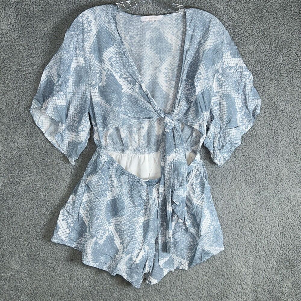 Olivaceous Large Blue White Snakeskin Tie Romper Lined With Pockets Belly Show